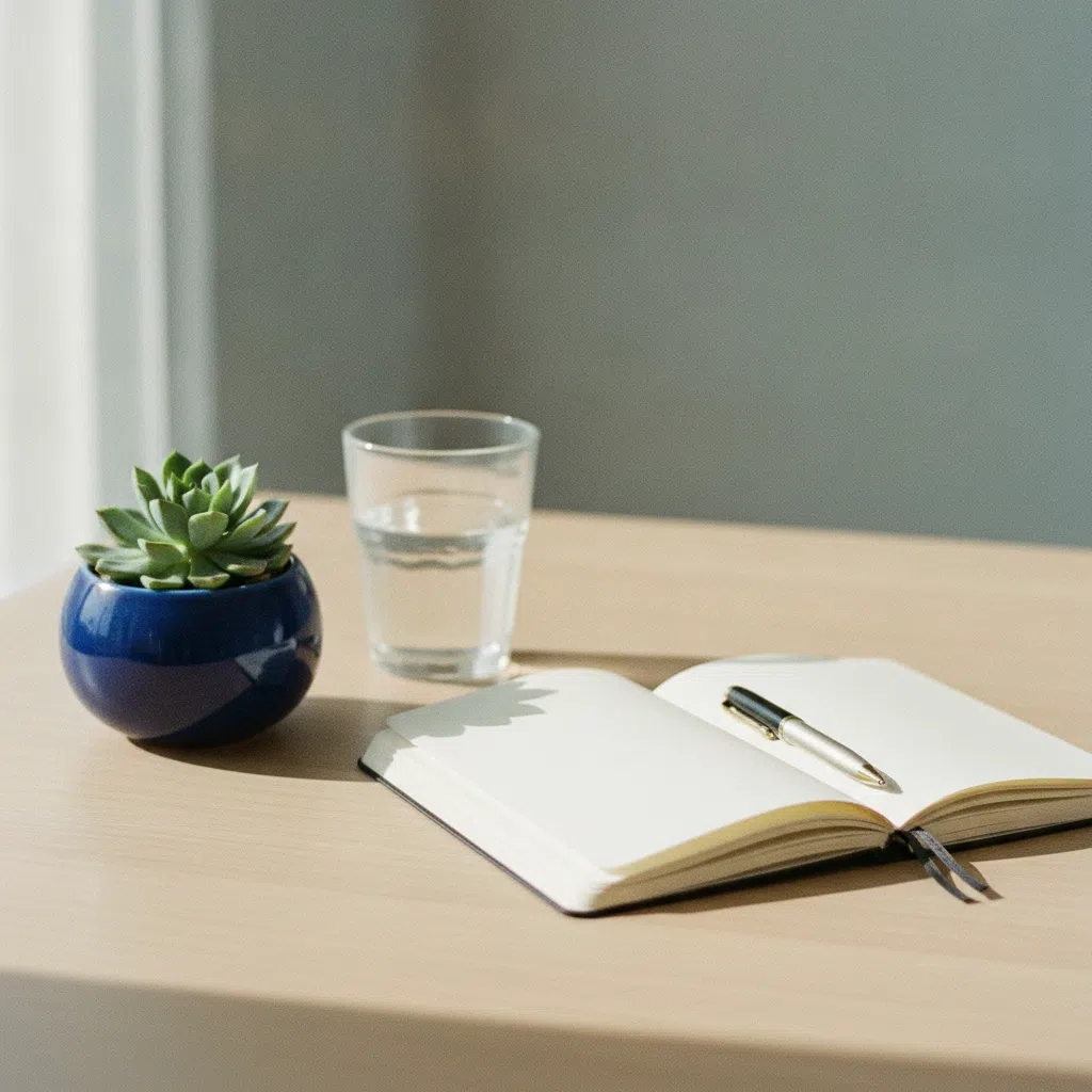 Rustige werkruimte met een notitieboek, plant en een glas water op een bureau