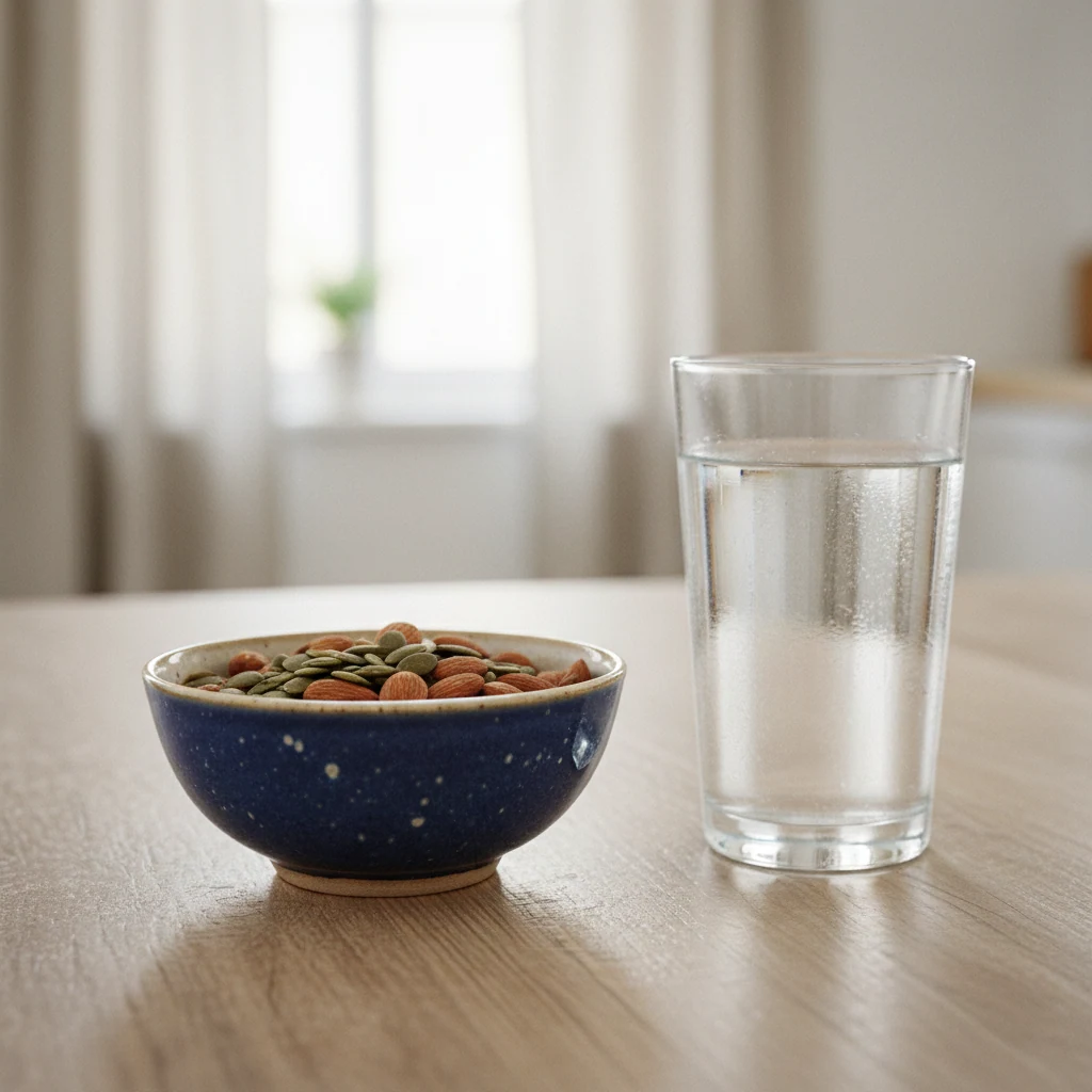 Keramische schaal met amandelen en pompoenzaden naast een glas water op een houten tafel