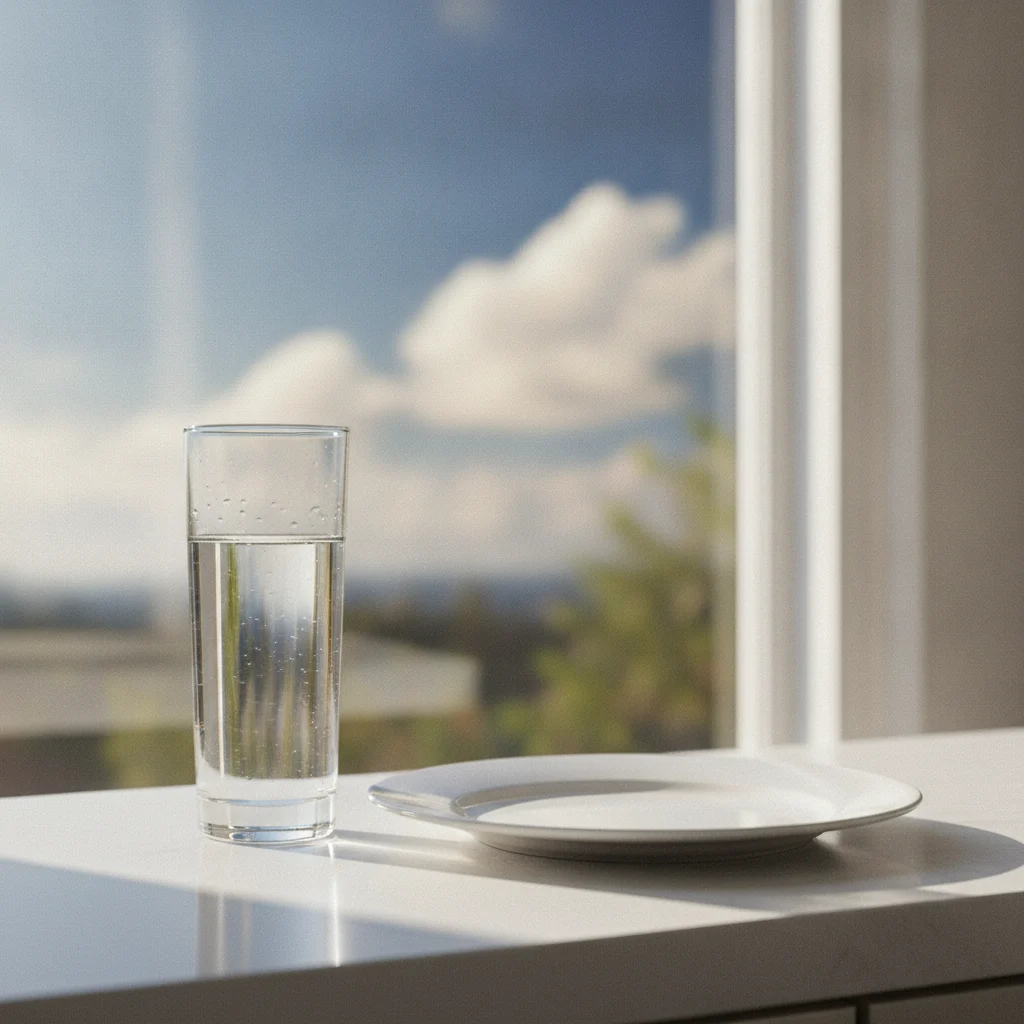 Een glas water en een ontbijtbord op een licht aanrecht bij een raam in de ochtend